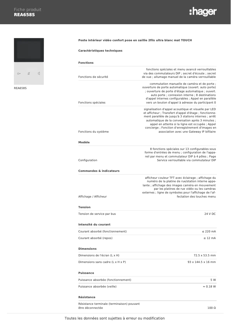 Page 1 de la notice Fiche technique Elcom REA658S