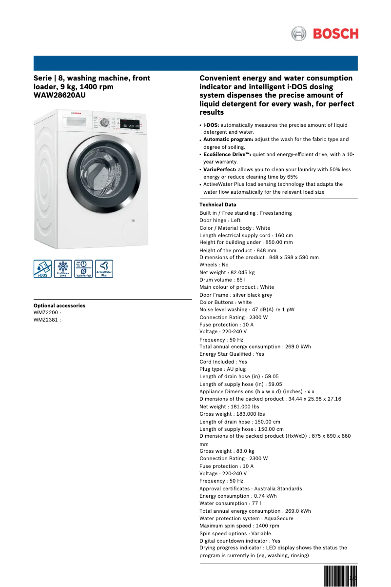 Page n°1 - Fiche technique Bosch WAW28620AU