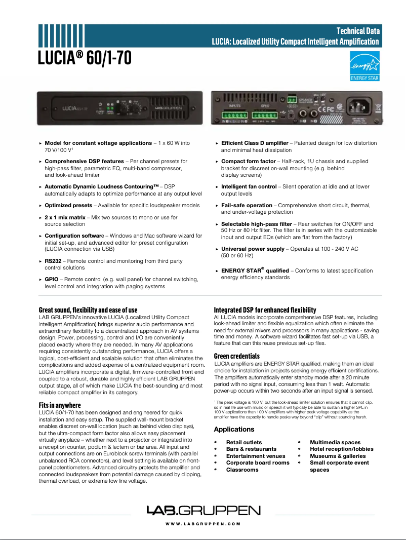Page 1 de la notice Fiche technique Lab Gruppen LUCIA 60/1-70