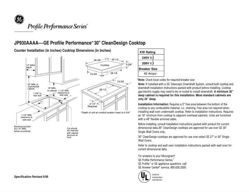 Page 1 de la notice Fiche technique GE Profile Performance JP930AAAA
