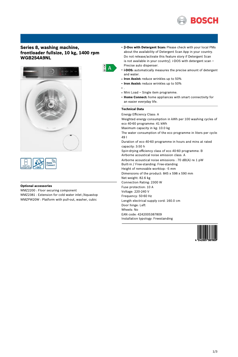Page 1 de la notice Fiche technique Bosch WGB254A9NL