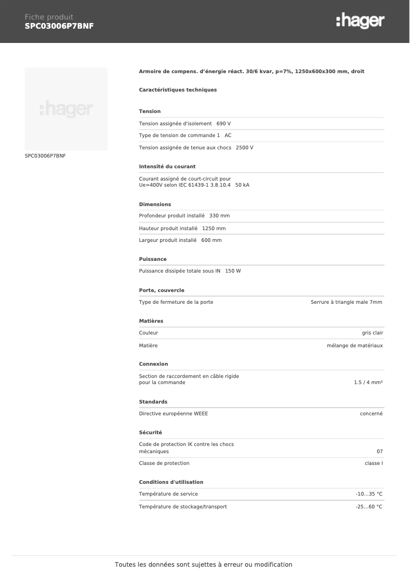 Page 1 de la notice Fiche technique Hager SPC03006P7BNF