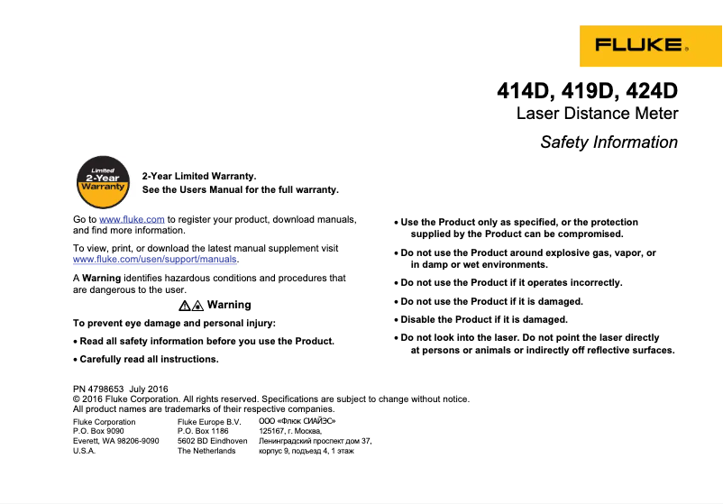 Page 1 de la notice Instructions de sécurité Fluke 424D