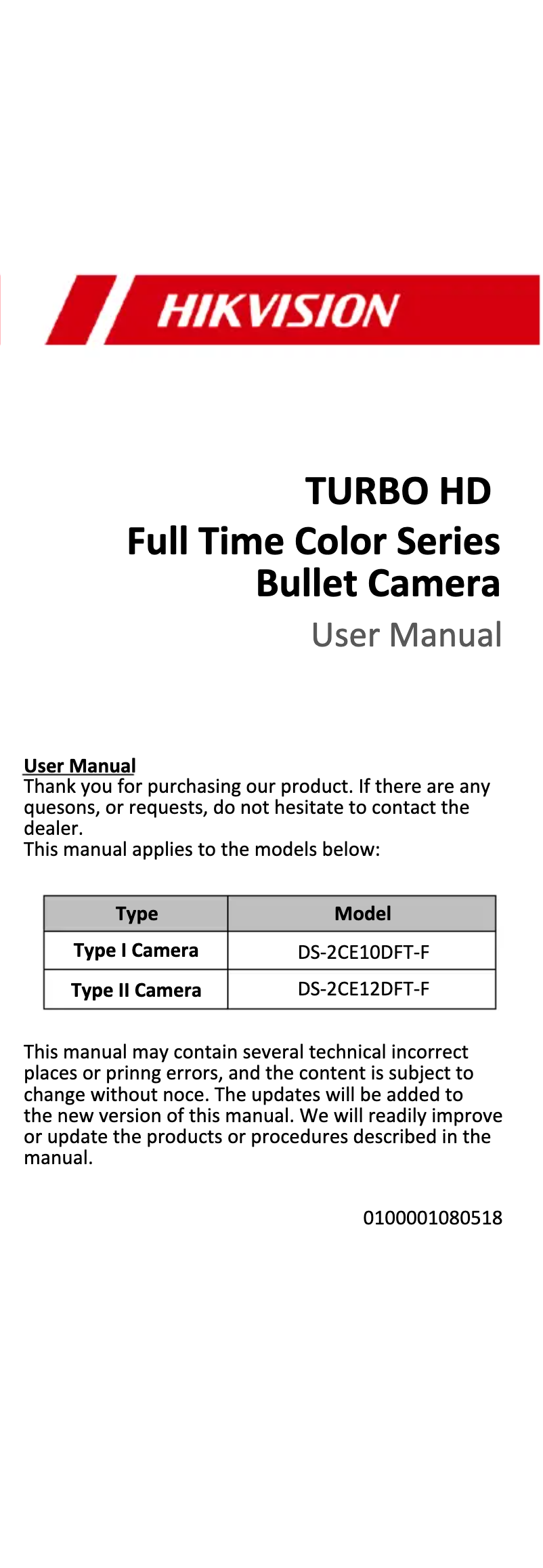 Page 1 de la notice Manuel utilisateur Hikvision DS-2CE10DFT-FC28