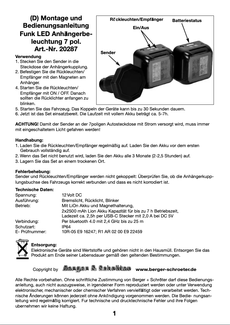 Page n°1 - Manuel utilisateur Berger & Schröter 20287