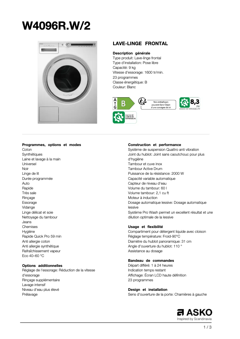 Page n°1 - Fiche technique Asko W4096R.W