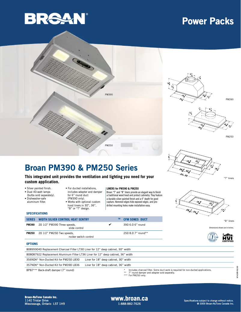 Page n°1 - Fiche technique Broan PM250