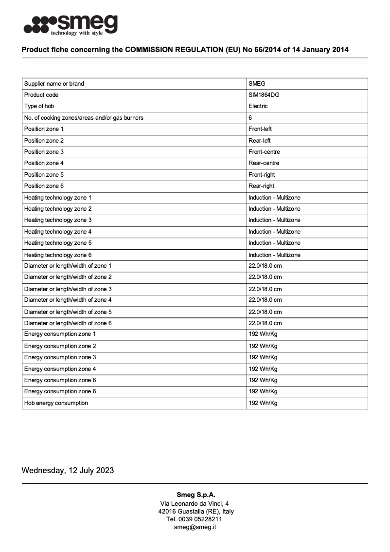 Page n°1 - Fiche technique Smeg SIM1864DG