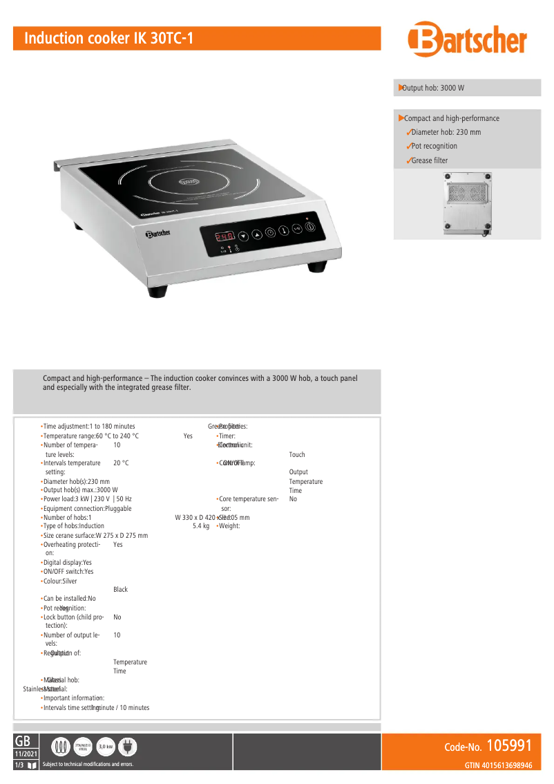 Page n°1 - Fiche technique Bartscher IK 30TC