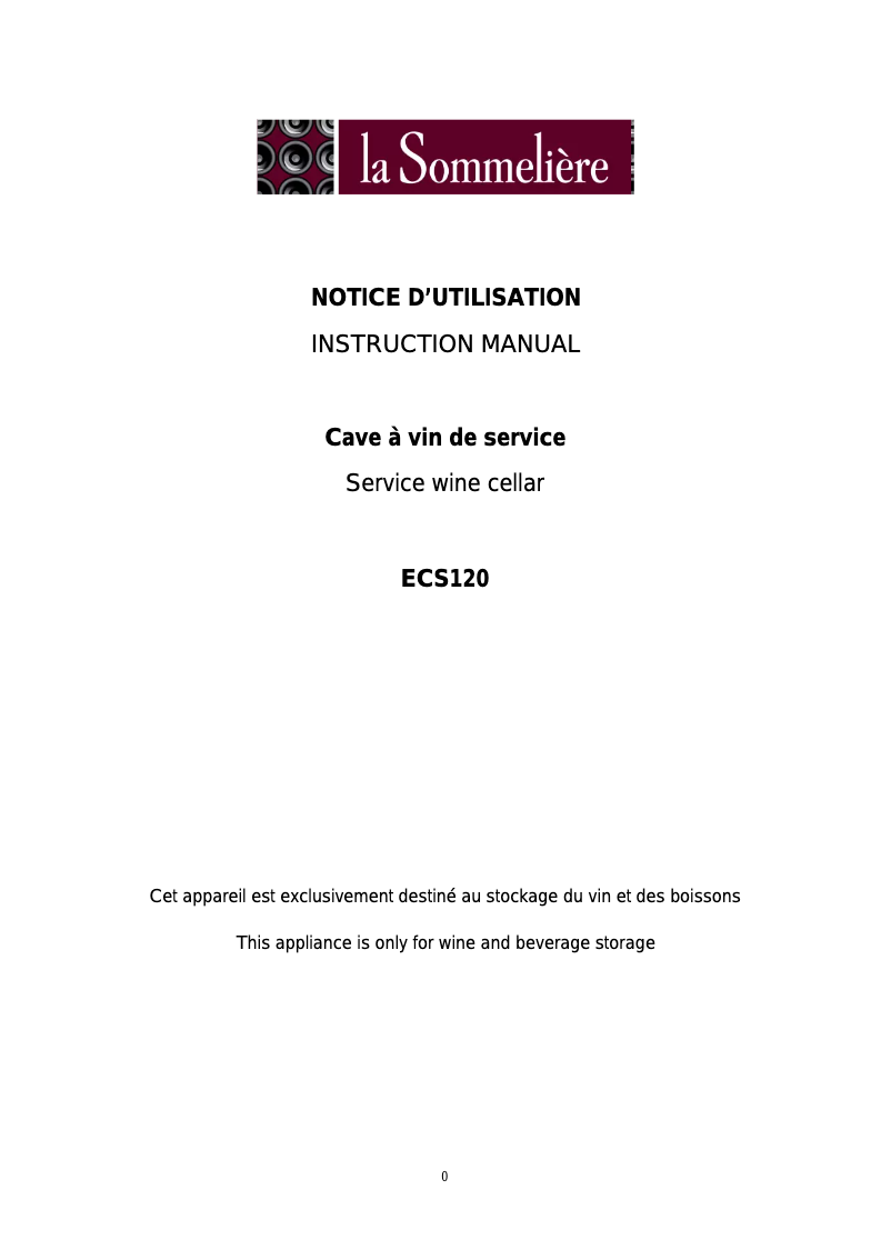 Page 1 de la notice Manuel utilisateur La Sommelière ECS120