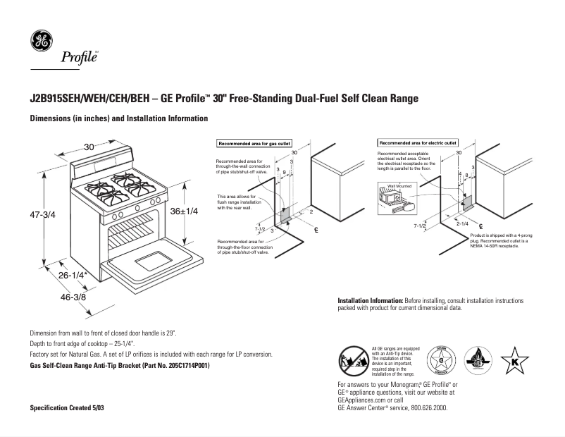 Page n°1 - Fiche technique GE Profile J2B915SEHSS