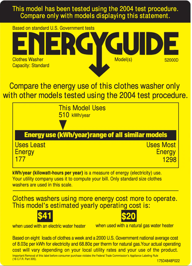 Page 1 de la notice Label énergétique GE S2000DWW