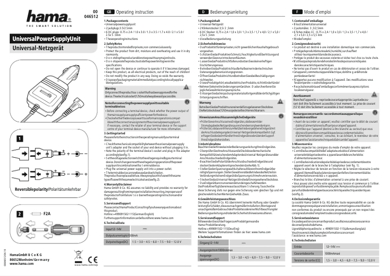 Page 1 de la notice Manuel utilisateur Hama 00046512