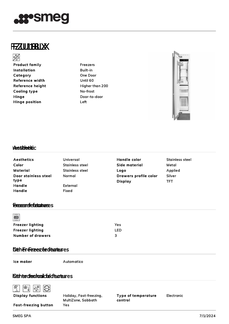 Page 1 de la notice Fiche technique Smeg FZU18LX
