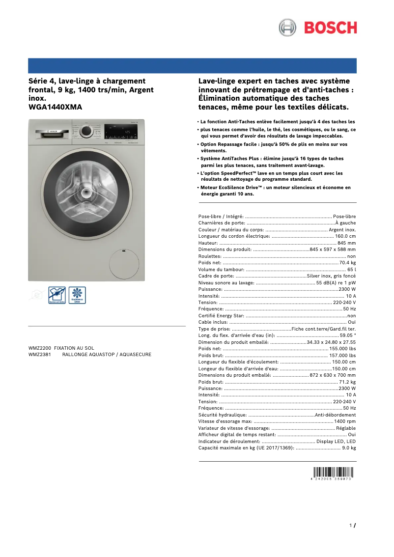 Page 1 de la notice Fiche technique Bosch WGA1440XMA