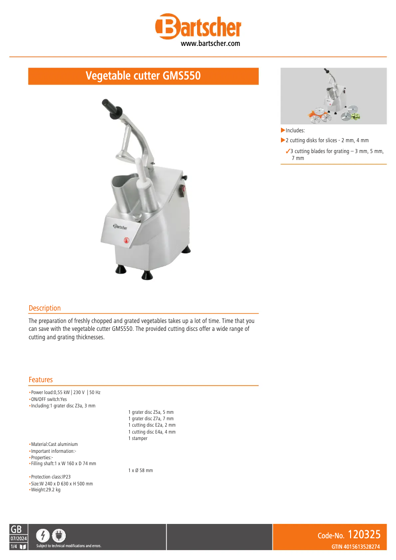 Page 1 de la notice Fiche technique Bartscher GMS550