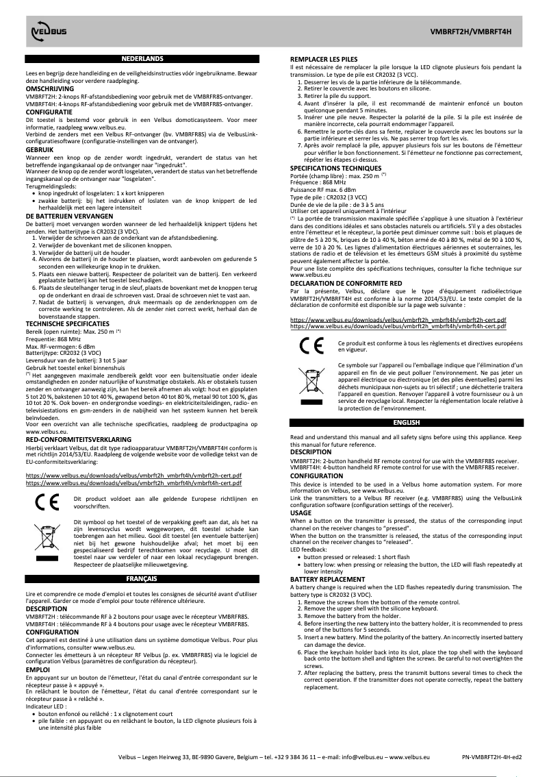 Page 1 de la notice Manuel utilisateur Velbus VMBRFT2H