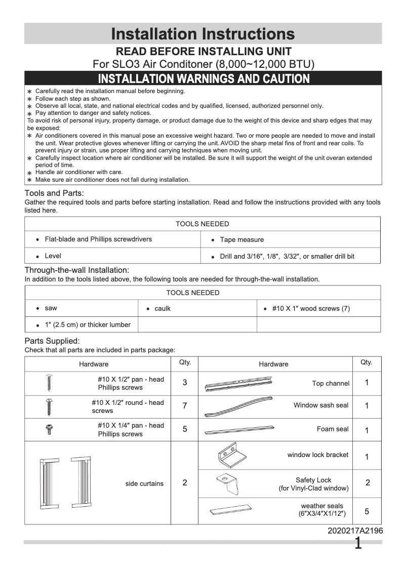 Page 1 de la notice Guide d'installation Frigidaire FRA12EZU2