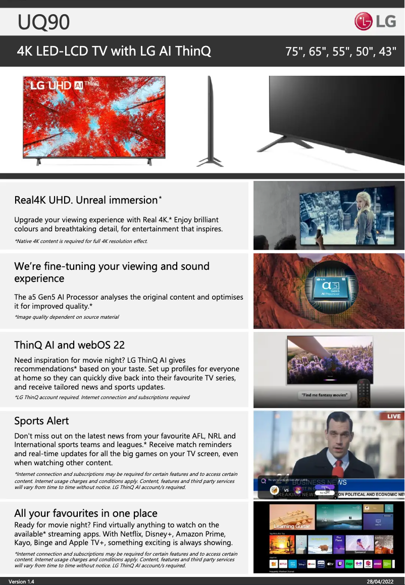 Page 1 de la notice Fiche technique LG 65UQ9000PSD