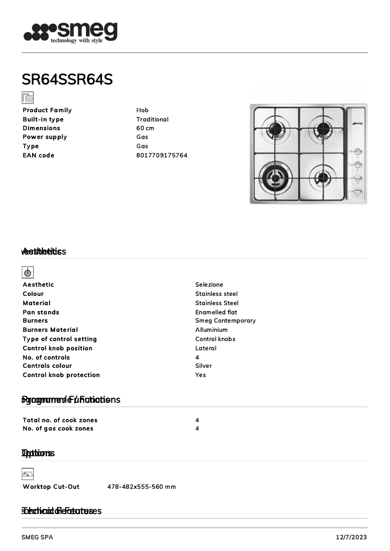 Page 1 de la notice Fiche technique Smeg SR64S