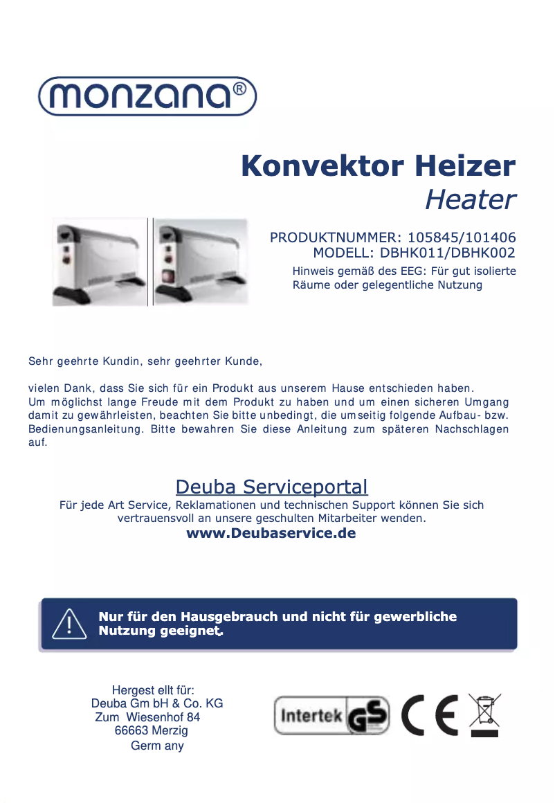 Page n°1 - Manuel utilisateur Monzana DBHK002