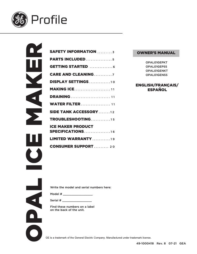 Page 1 de la notice Manuel utilisateur GE Profile Opal OPAL01GENSS