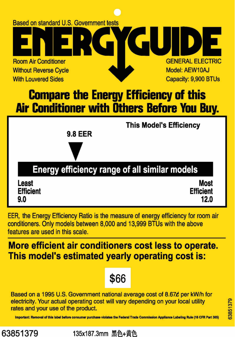 Page 1 de la notice Label énergétique GE AEW10AJ