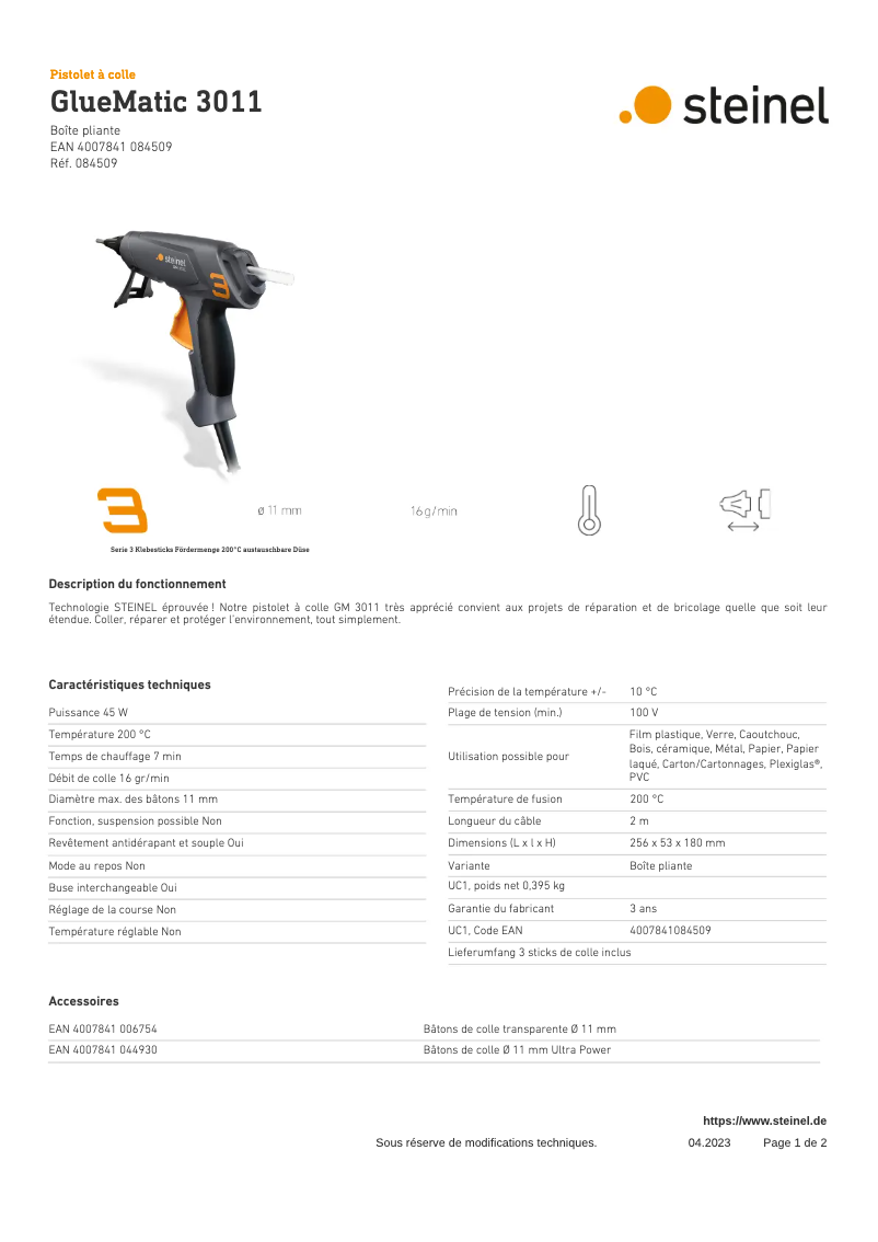 Page 1 de la notice Fiche technique Steinel GlueMatic 3011