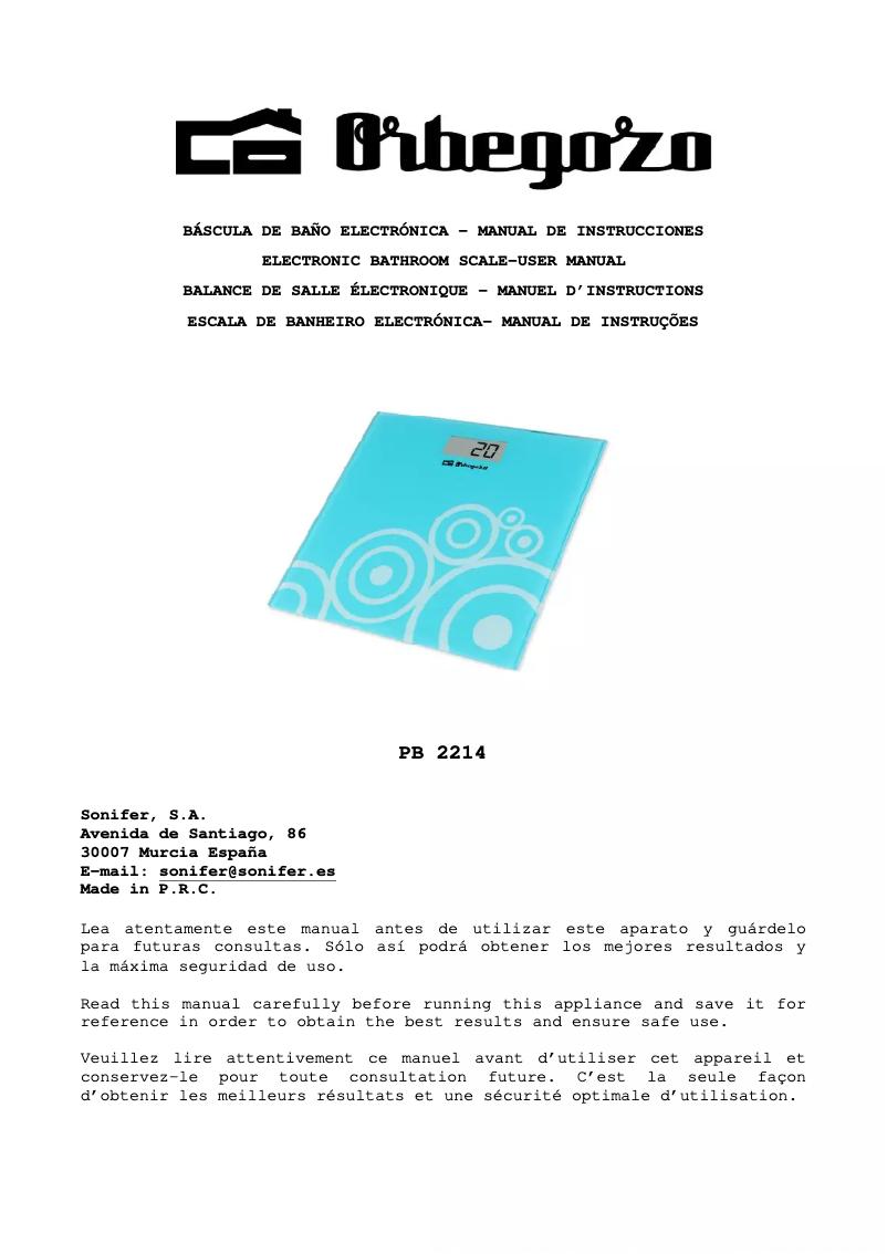 Page n°1 - Manuel utilisateur Orbegozo PB 2214