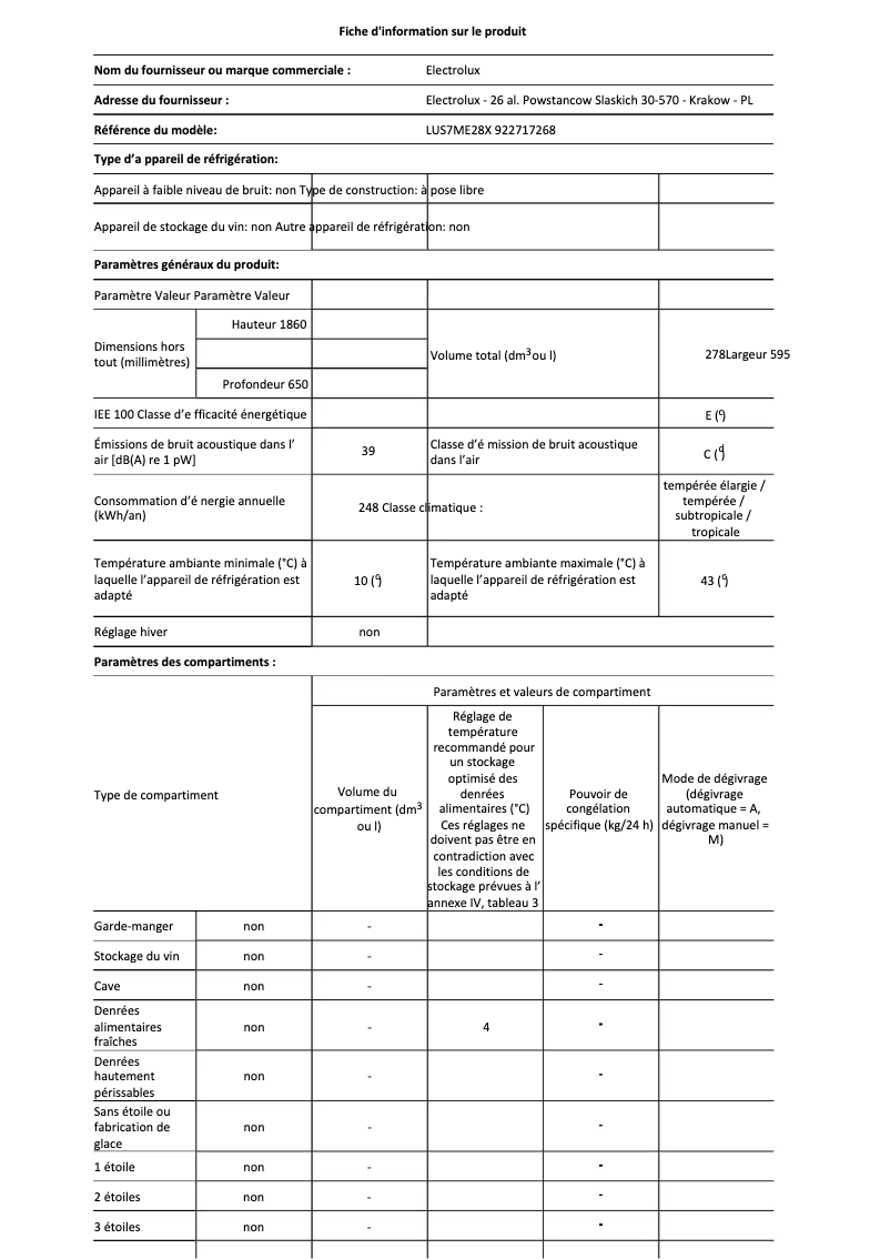 Page 1 de la notice Fiche technique Electrolux LUS7ME28X