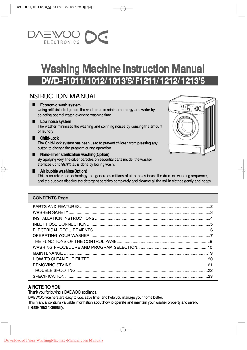 Page 1 de la notice Manuel utilisateur Daewoo DWD-F1011