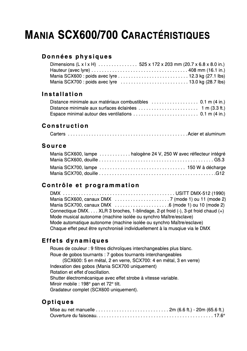 Page n°1 - Fiche technique Martin Mania SCX700
