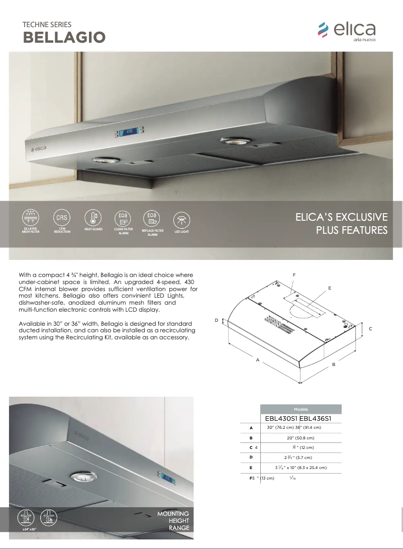 Page 1 de la notice Fiche technique Elica Bellagio EBL436SS