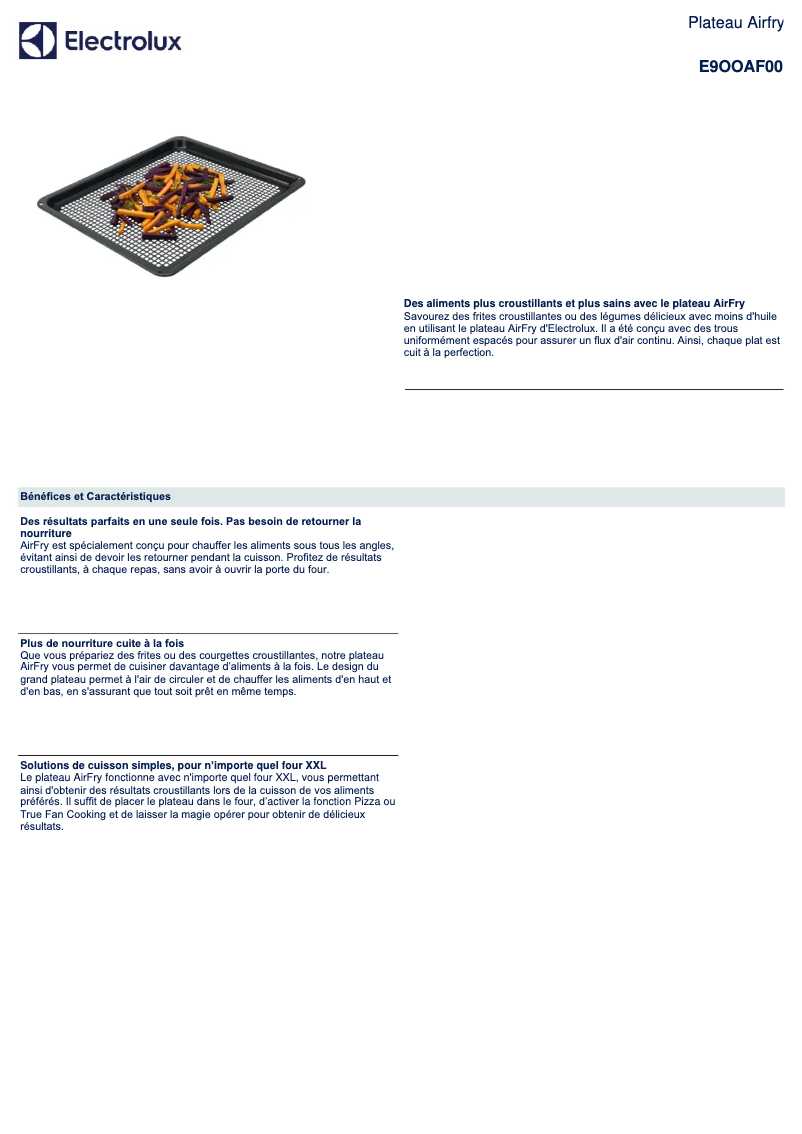 Page 1 de la notice Fiche technique Electrolux E9OOAF00