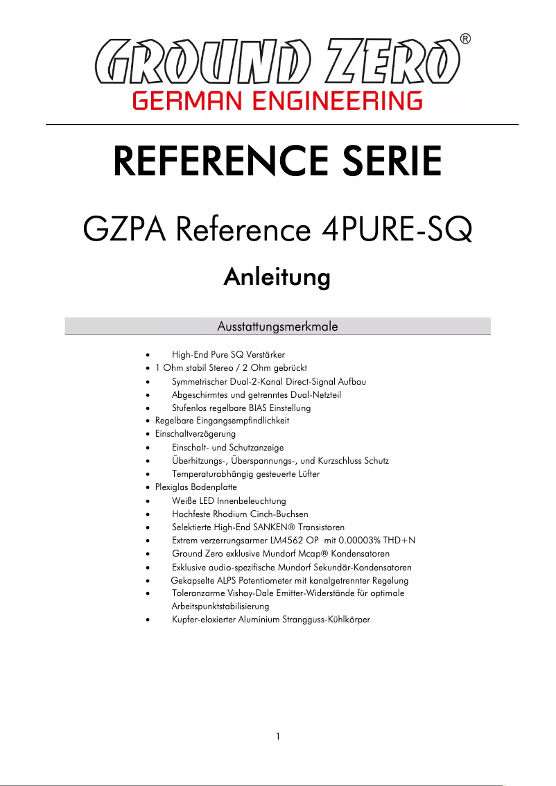 Página 1 del manual Manual de usuario Ground Zero GZPA Reference 4PURE-SQ