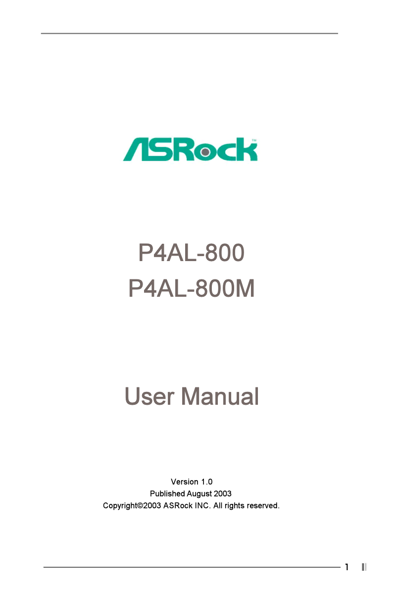 Page n°1 - Manuel utilisateur Asrock P4AL-800