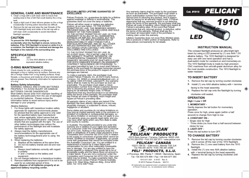 Page 1 de la notice Manuel utilisateur Pelican 1910