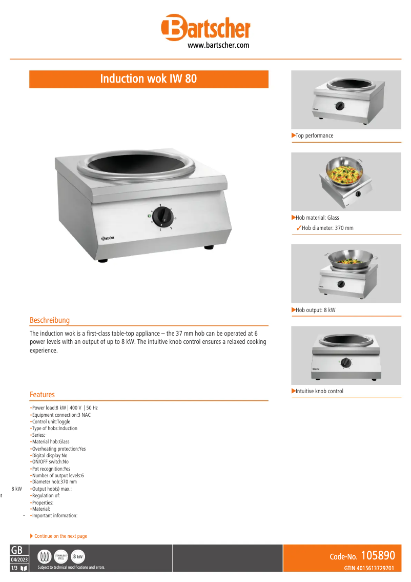 Page 1 de la notice Fiche technique Bartscher 105890