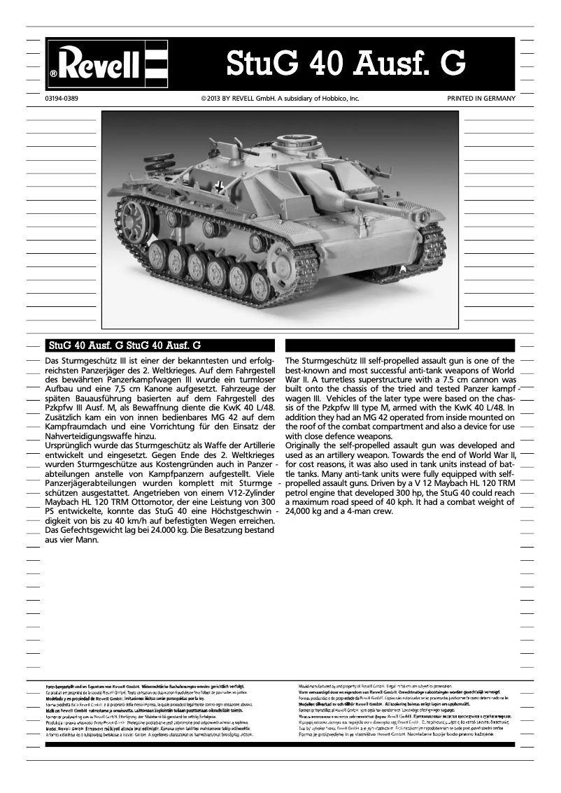 Page 1 de la notice Manuel utilisateur Revell StuG 40 Ausf. G