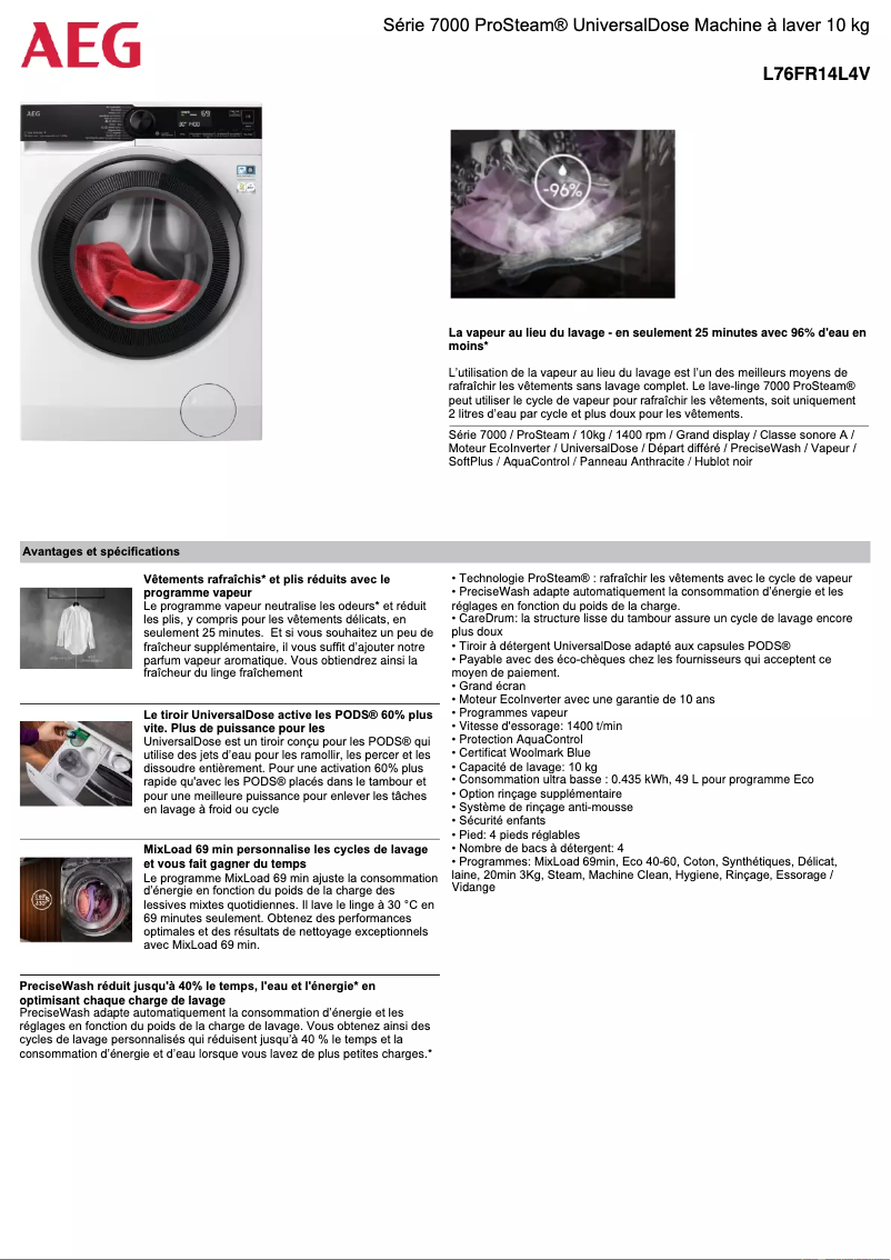 Página 1 del manual Ficha técnica AEG L76FR14L4V