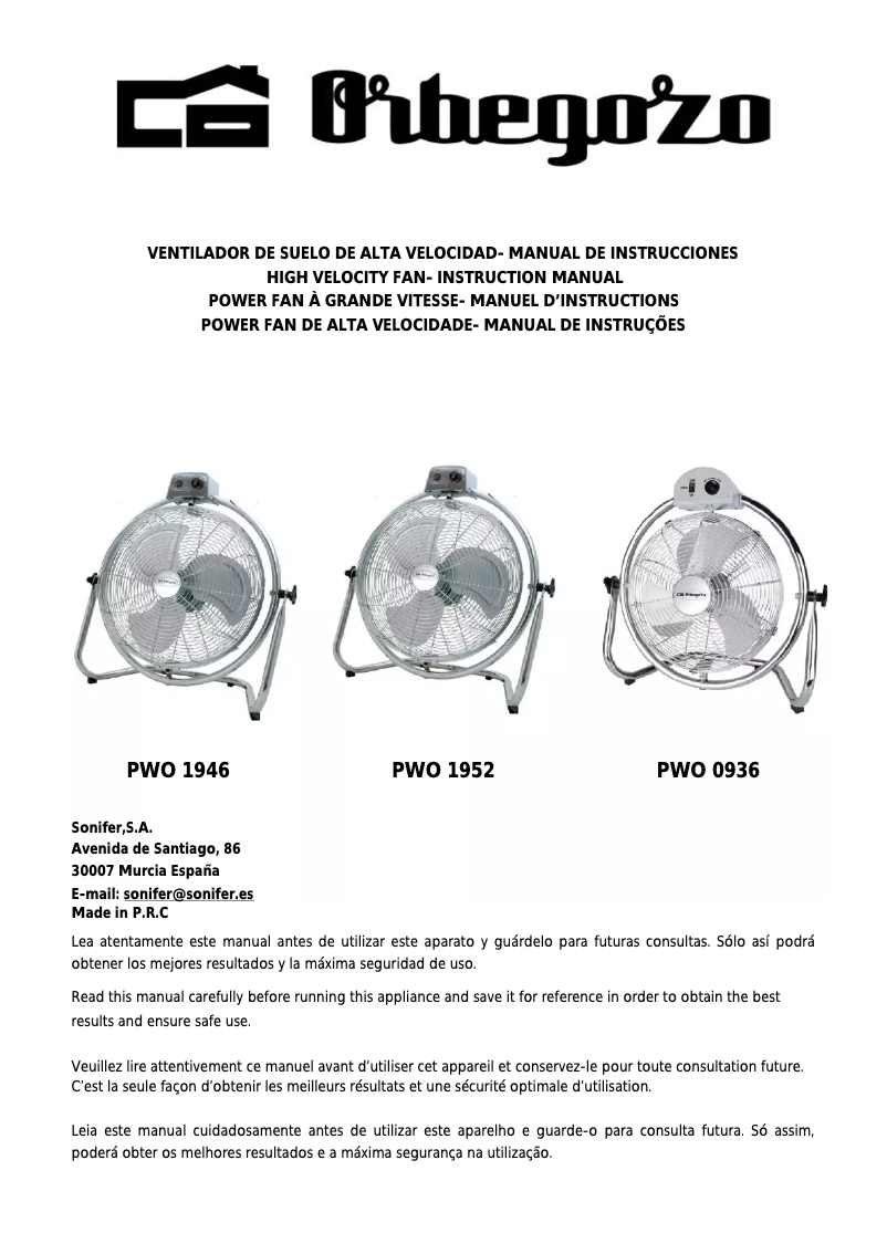Page 1 de la notice Manuel utilisateur Orbegozo PWO 1952