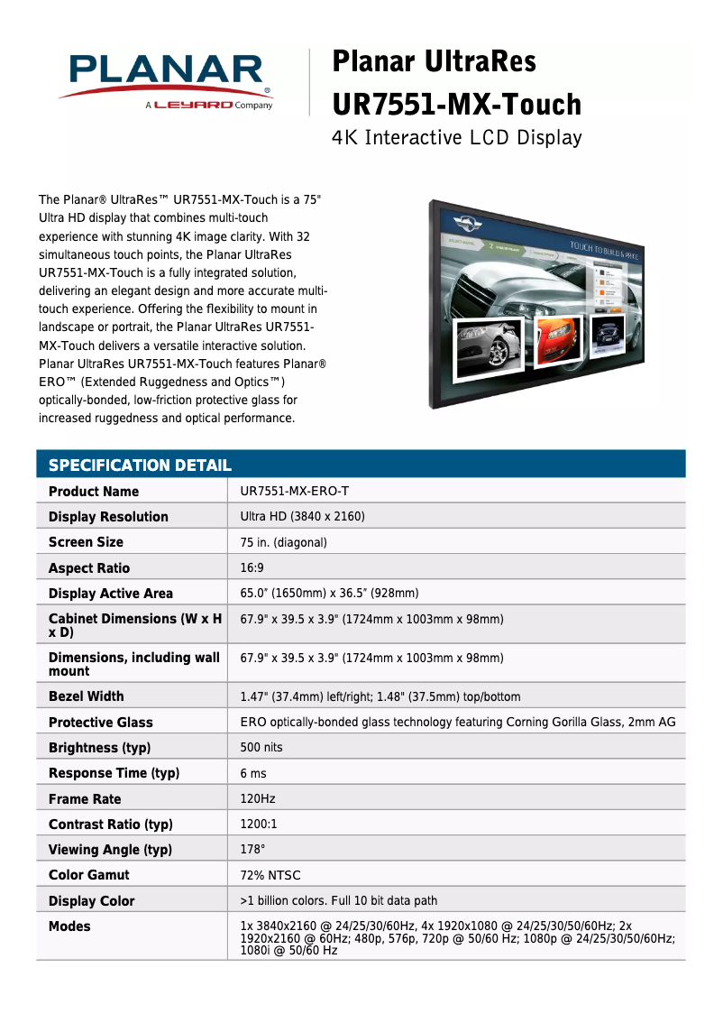 Page 1 de la notice Fiche technique Planar UltraRes UR7551-MX-Touch