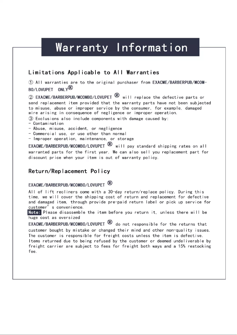 Page 1 de la notice Informations de garantie EXACME 6180-N014