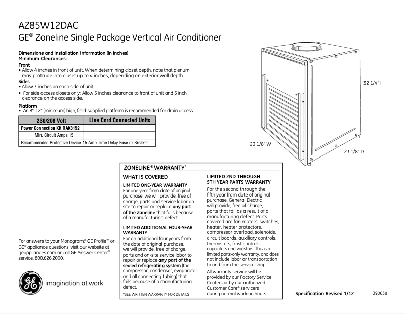 Page 1 de la notice Fiche technique GE AZ85W12DAC
