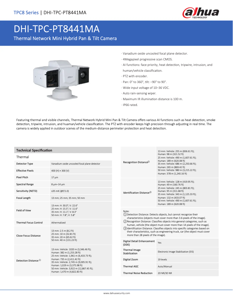 Page 1 de la notice Fiche technique Dahua Technology TPC-PT8441MA