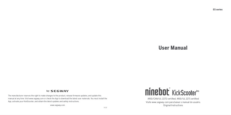 Page 1 de la notice Manuel utilisateur Segway Ninebot KickScooter ES2