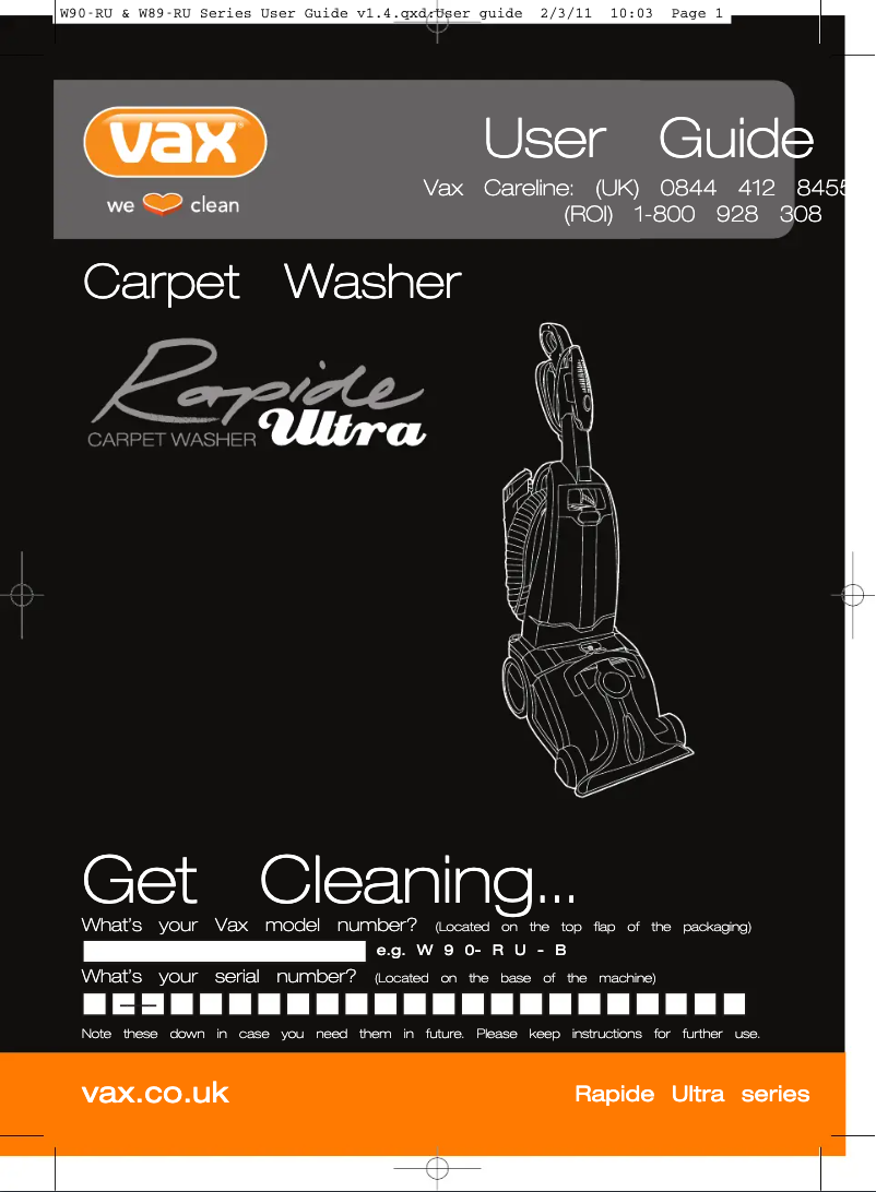 Page 1 de la notice Manuel utilisateur Vax Rapide 2 W89-RU-A