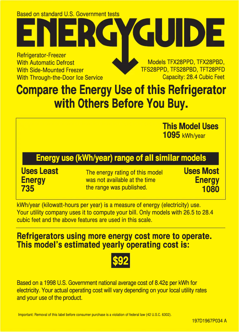 Page 1 de la notice Label énergétique GE Profile Performance TFX28PBDBB