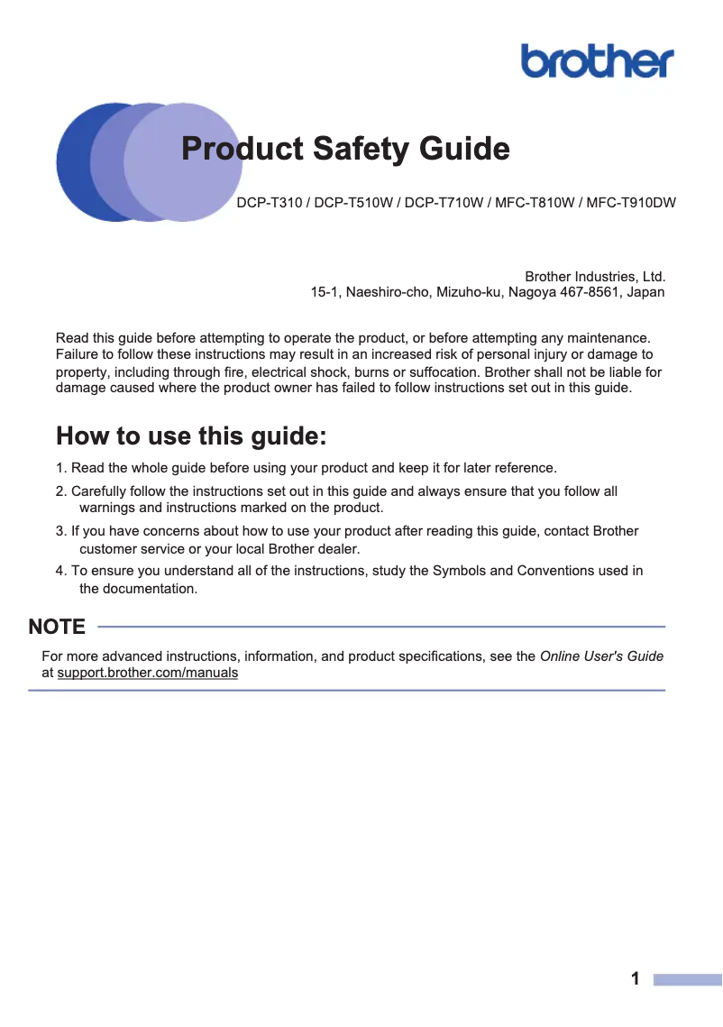 Page n°1 - Instructions de sécurité Brother DCP-T510W