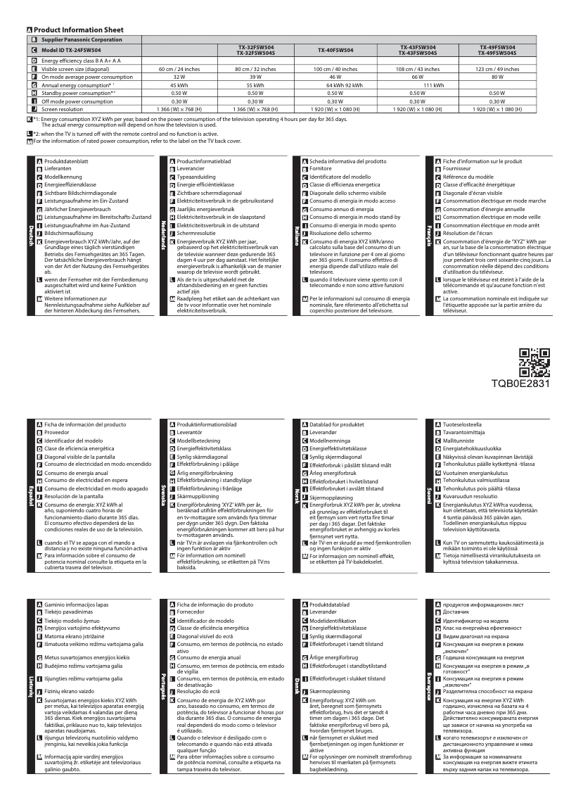 Page 1 de la notice Fiche technique Panasonic TX-32FSW504